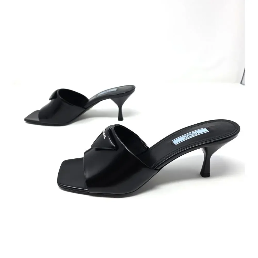 Prada Black Leather Triangle Logo Mule Slide Sandals Square Open Toe Heels 39 9